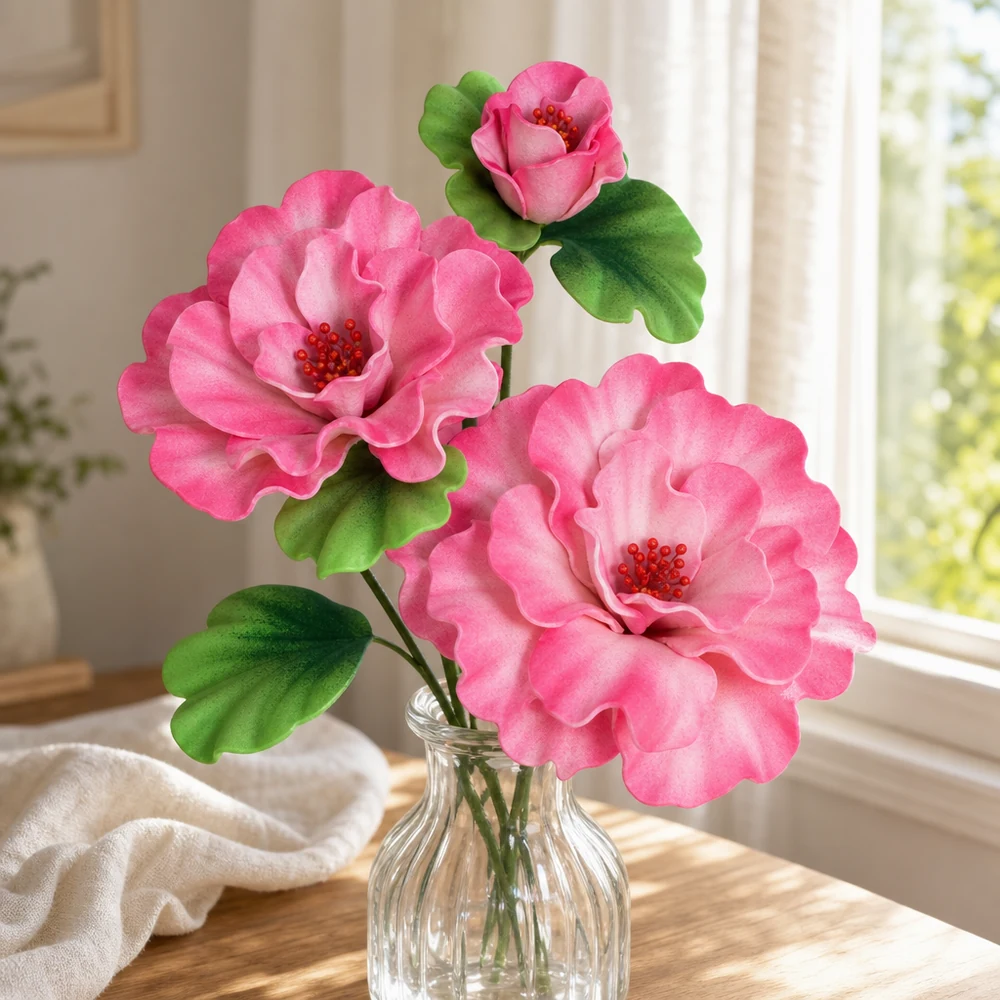 Foam camellias in a vase that never wilt