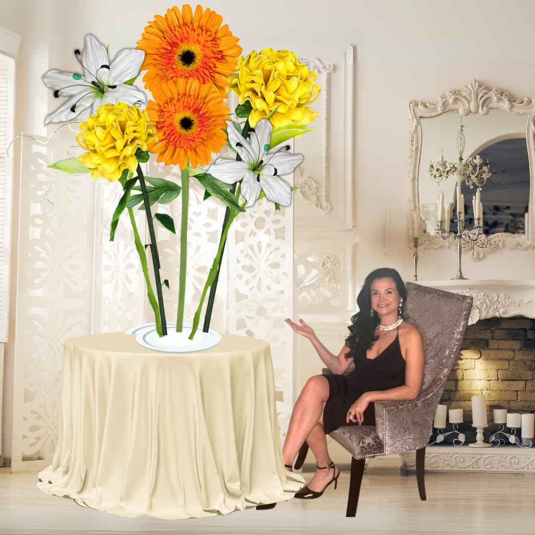 Business Blossom Tall Table Centerpiece – Orange Gerbera, White Lily, and Yellow Marigold, 18" and 12" Diameter Flowers