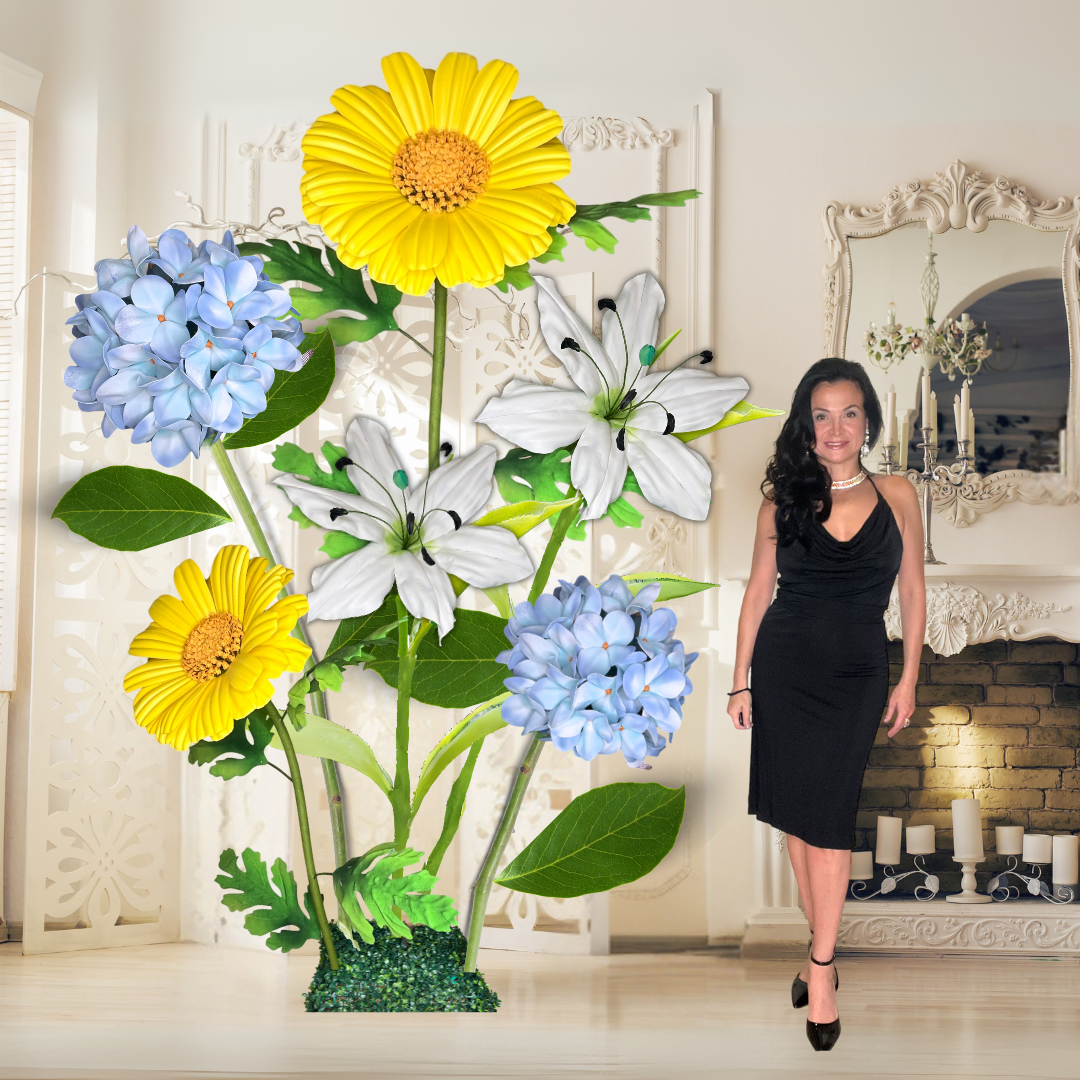 New Life Giant Flower Backdrop – Featuring Blue Hydrangeas, White Lilies, and Yellow Daisies