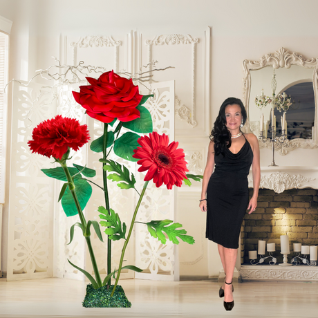 All Red Passion Giant Flower Backdrop – Featuring Red Roses, Red Gerberas, and Red Carnations