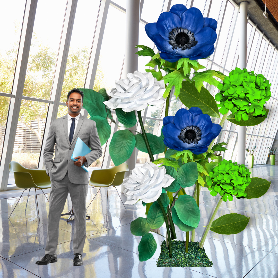 Prosperity Bouquet Giant Flower Backdrop – Featuring Green Hydrangeas, Blue Anemones, and White Roses