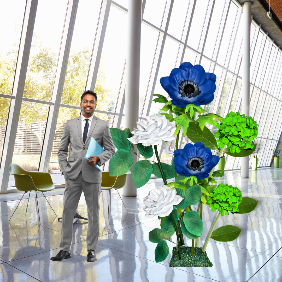 Prosperity Bouquet Giant Flower Backdrop – Featuring Green Hydrangeas, Blue Anemones, and White Roses