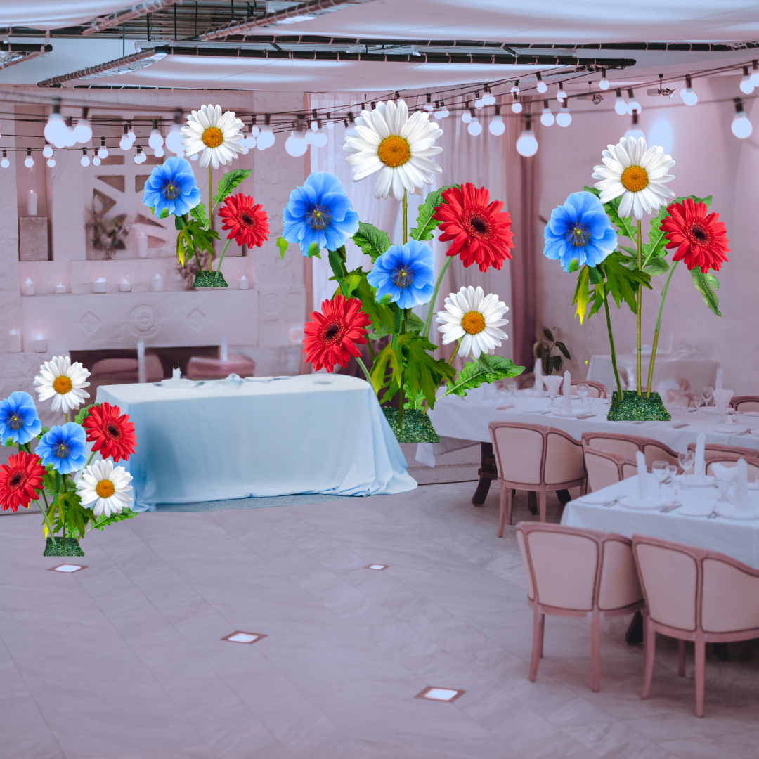 Stars and Stripes Giant Flower Backdrop – Featuring Red Gerberas, White Daisies, and Blue Poppies