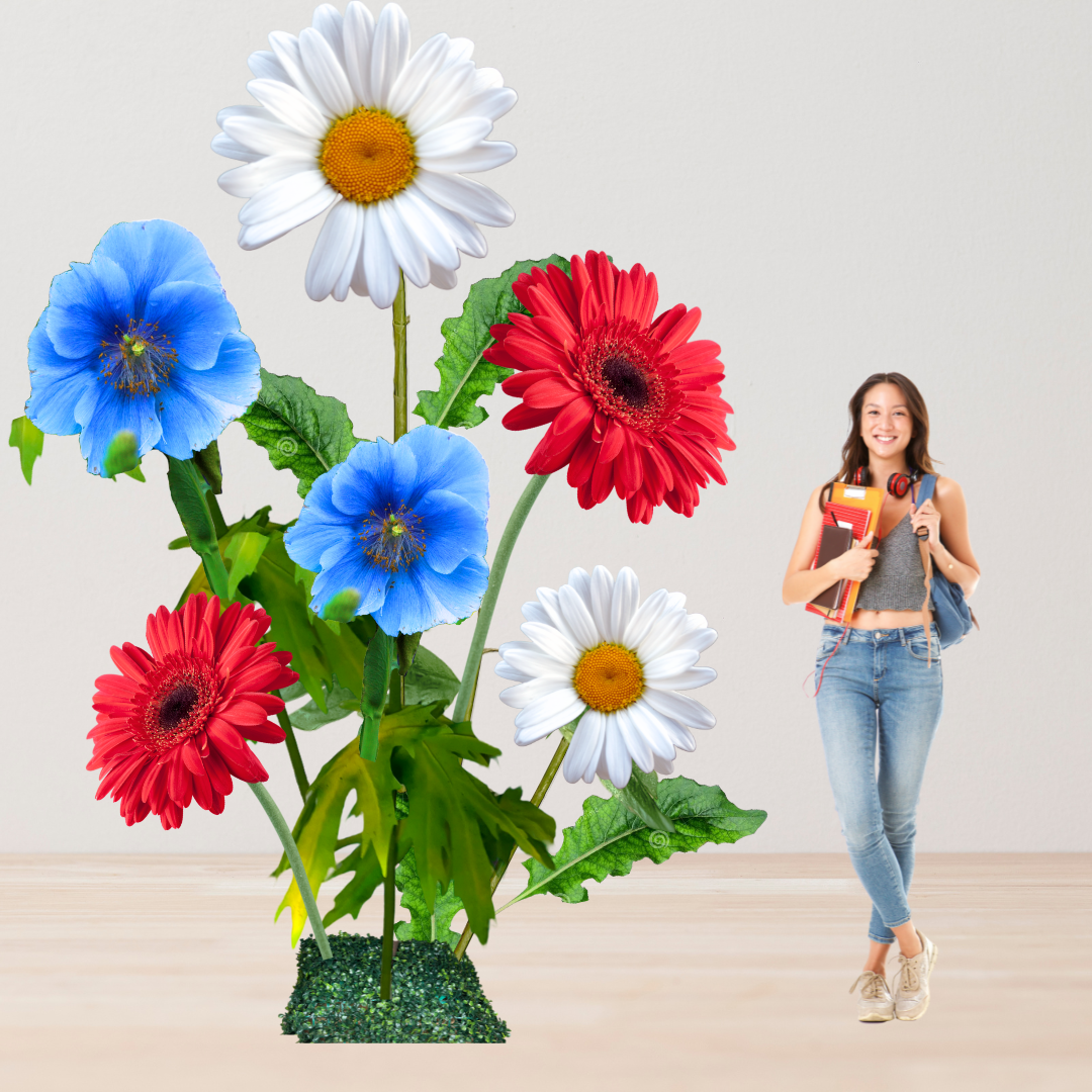 Stars and Stripes Giant Flower Backdrop – Featuring Red Gerberas, White Daisies, and Blue Poppies