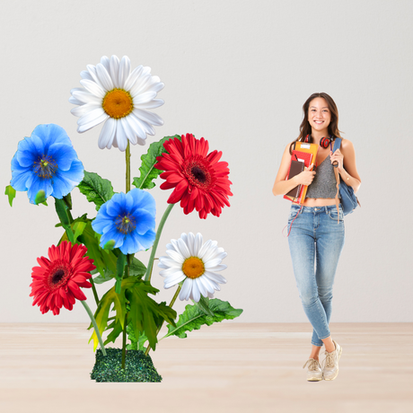 Stars and Stripes Giant Flower Backdrop – Featuring Red Gerberas, White Daisies, and Blue Poppies