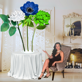 Prosperity Bouquet Tall Table Centerpiece – Green Hydrangea, Blue Anemone, and White Rose, 18" and 12" Diameter Flowers