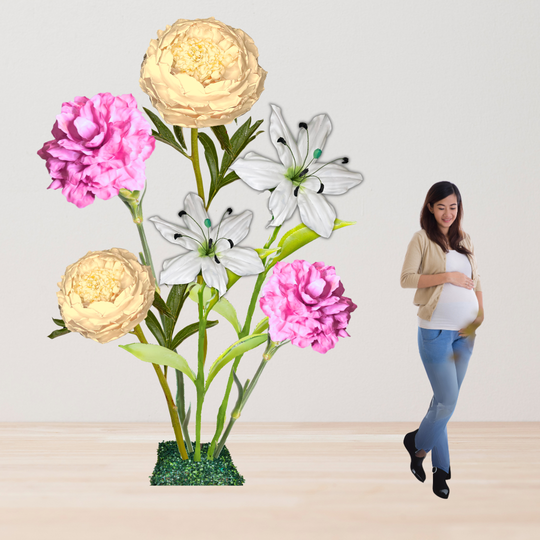 Bundle of Joy Giant Flower Backdrop – Featuring Yellow Peonies, Pink Carnations, and White Lilies