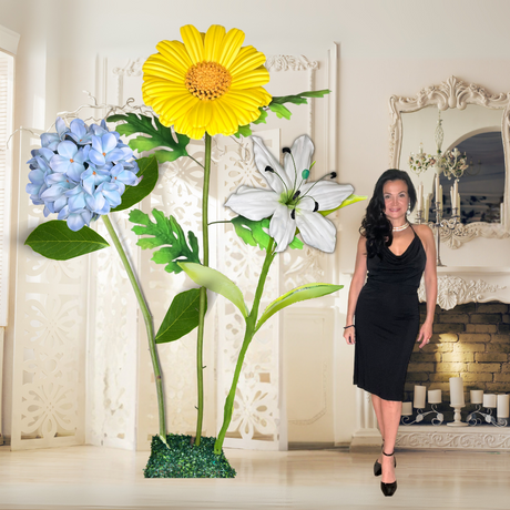 New Life Giant Flower Backdrop – Featuring Blue Hydrangeas, White Lilies, and Yellow Daisies