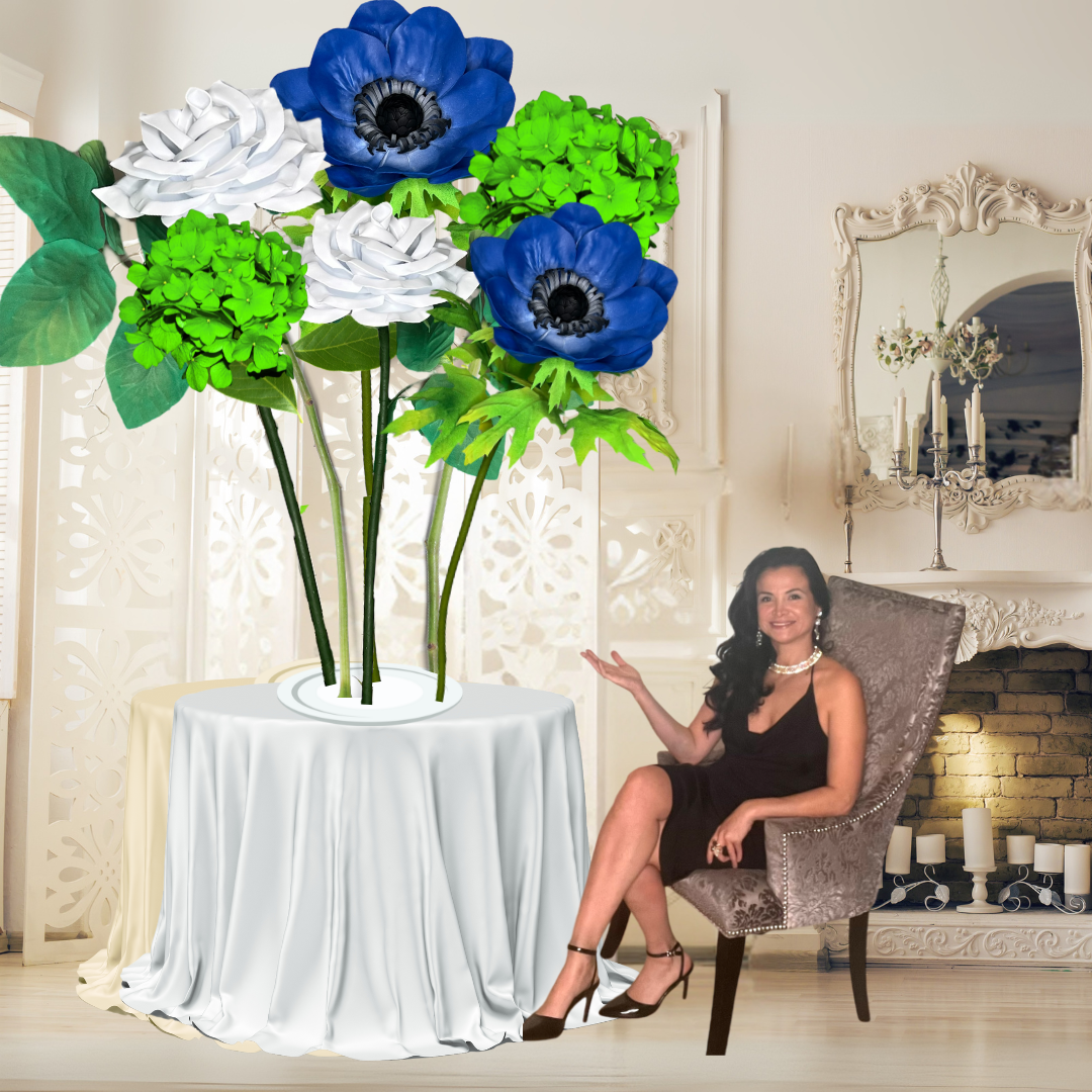 Prosperity Bouquet Tall Table Centerpiece – Green Hydrangea, Blue Anemone, and White Rose, 18" and 12" Diameter Flowers