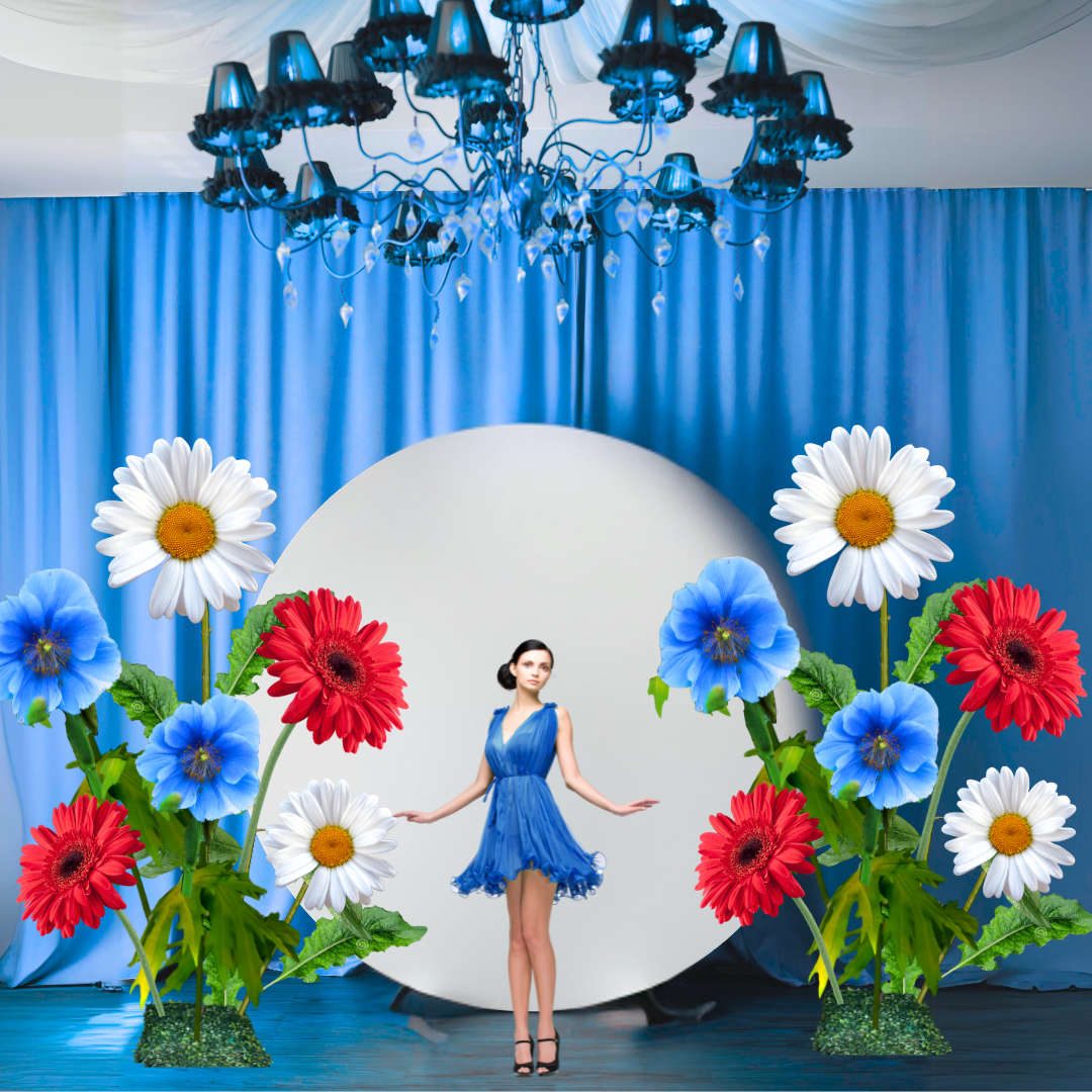 Stars and Stripes Giant Flower Backdrop – Featuring Red Gerberas, White Daisies, and Blue Poppies