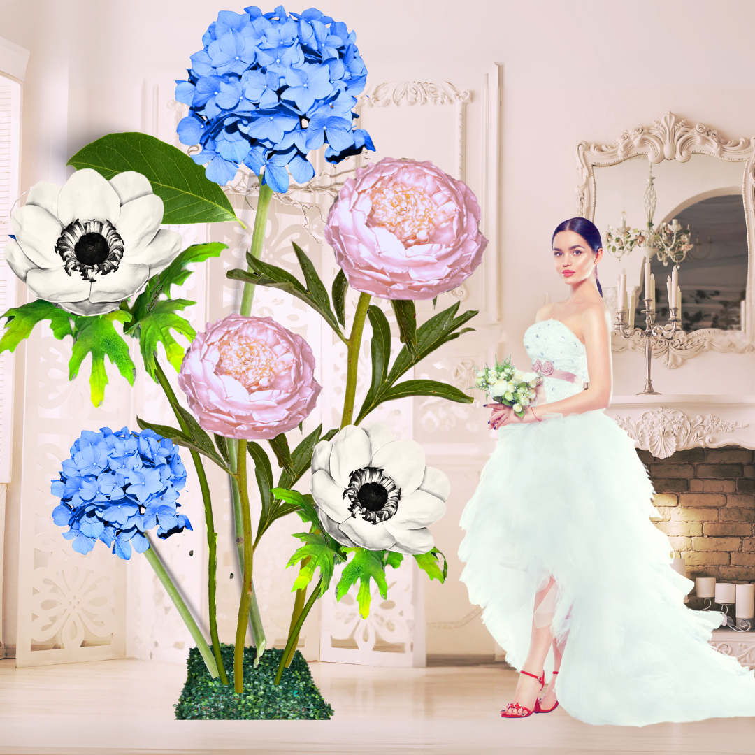 Tied Hearts Giant Flower Backdrop – Featuring Blue Hydrangeas, White Anemones, and Pink Peonies