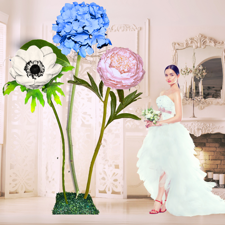 Tied Hearts Giant Flower Backdrop – Featuring Blue Hydrangeas, White Anemones, and Pink Peonies