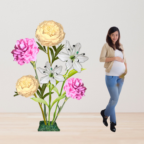 Bundle of Joy Giant Flower Backdrop – Featuring Yellow Peonies, Pink Carnations, and White Lilies