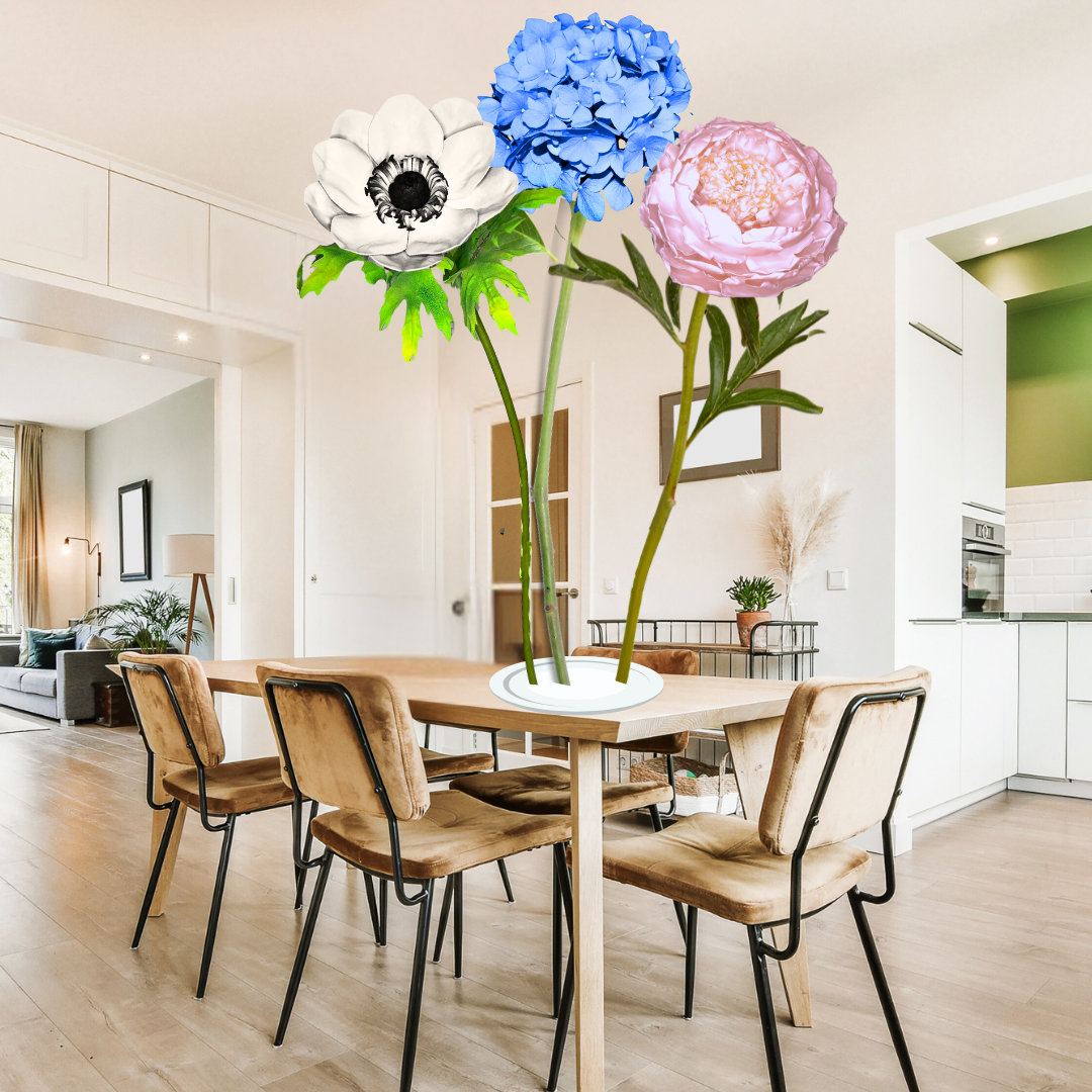 Tied Hearts Tall Table Centerpiece – Blue Hydrangea, White Anemone, and Pink Peony, 18" and 12" Diameter Flowers