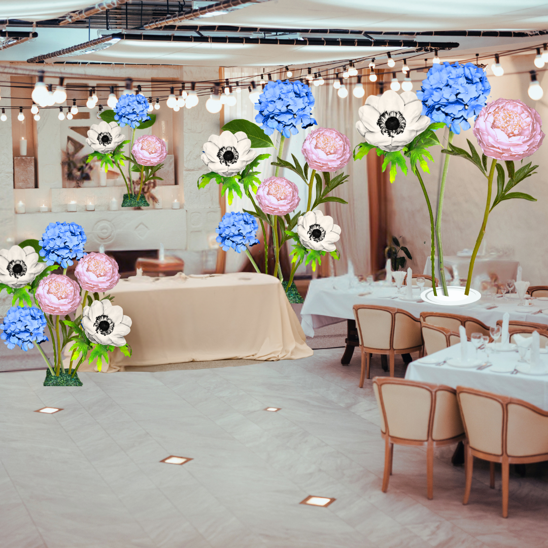 Tied Hearts Giant Flower Backdrop – Featuring Blue Hydrangeas, White Anemones, and Pink Peonies