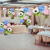 Tied Hearts Tall Table Centerpiece – Blue Hydrangea, White Anemone, and Pink Peony, 18" and 12" Diameter Flowers