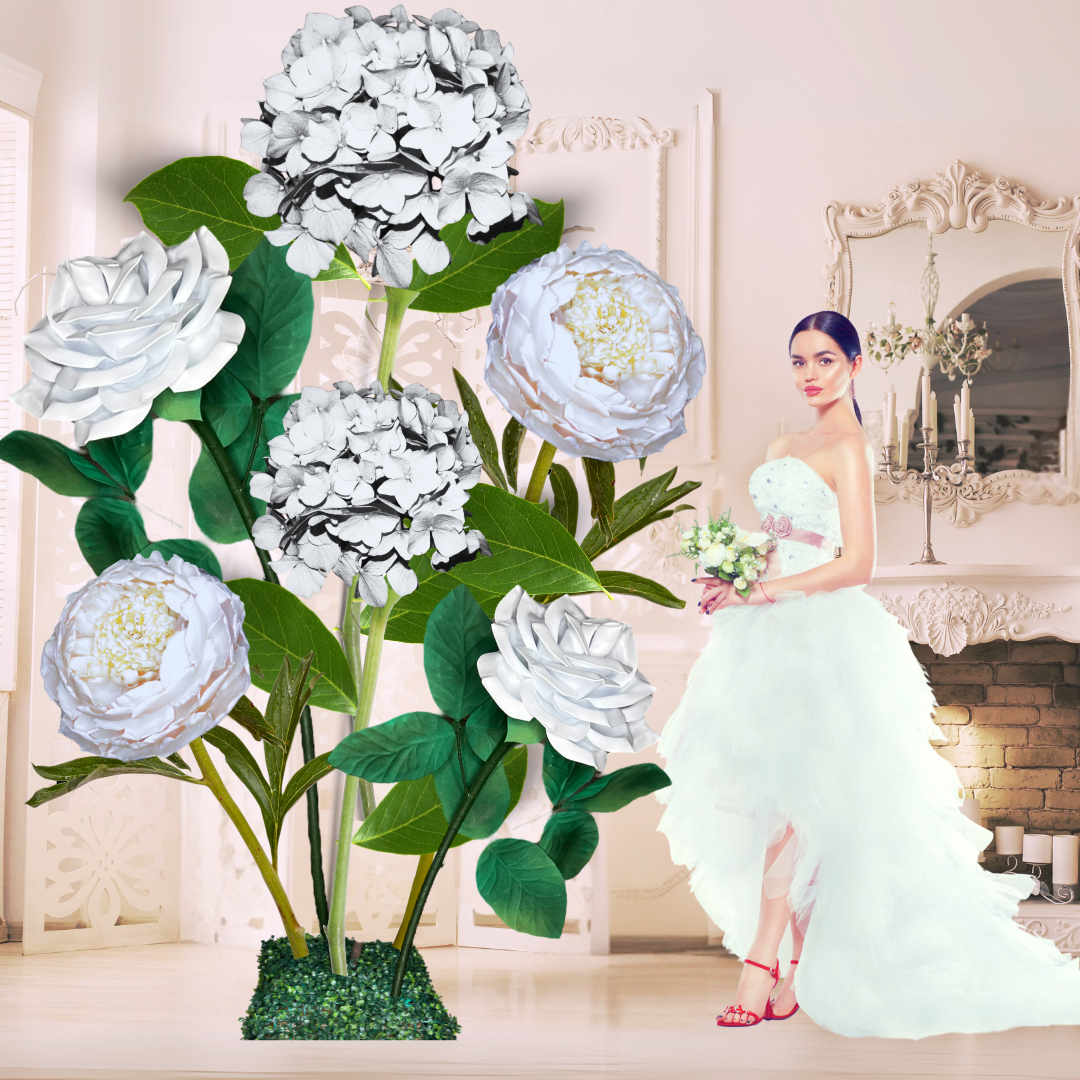 All-White Elegance Giant Flower Backdrop – Featuring White Hydrangeas, White Roses, and White Peonies