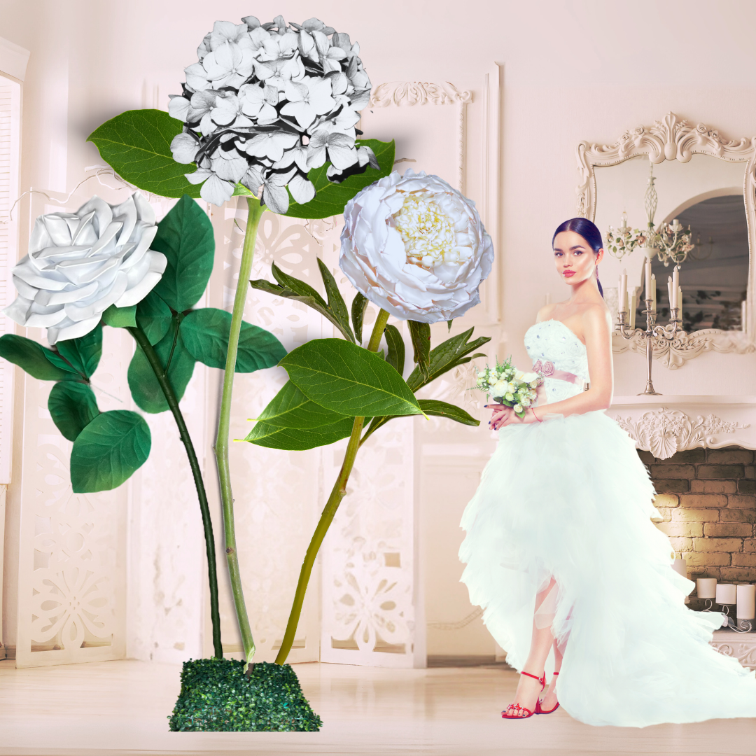 All-White Elegance Giant Flower Backdrop – Featuring White Hydrangeas, White Roses, and White Peonies