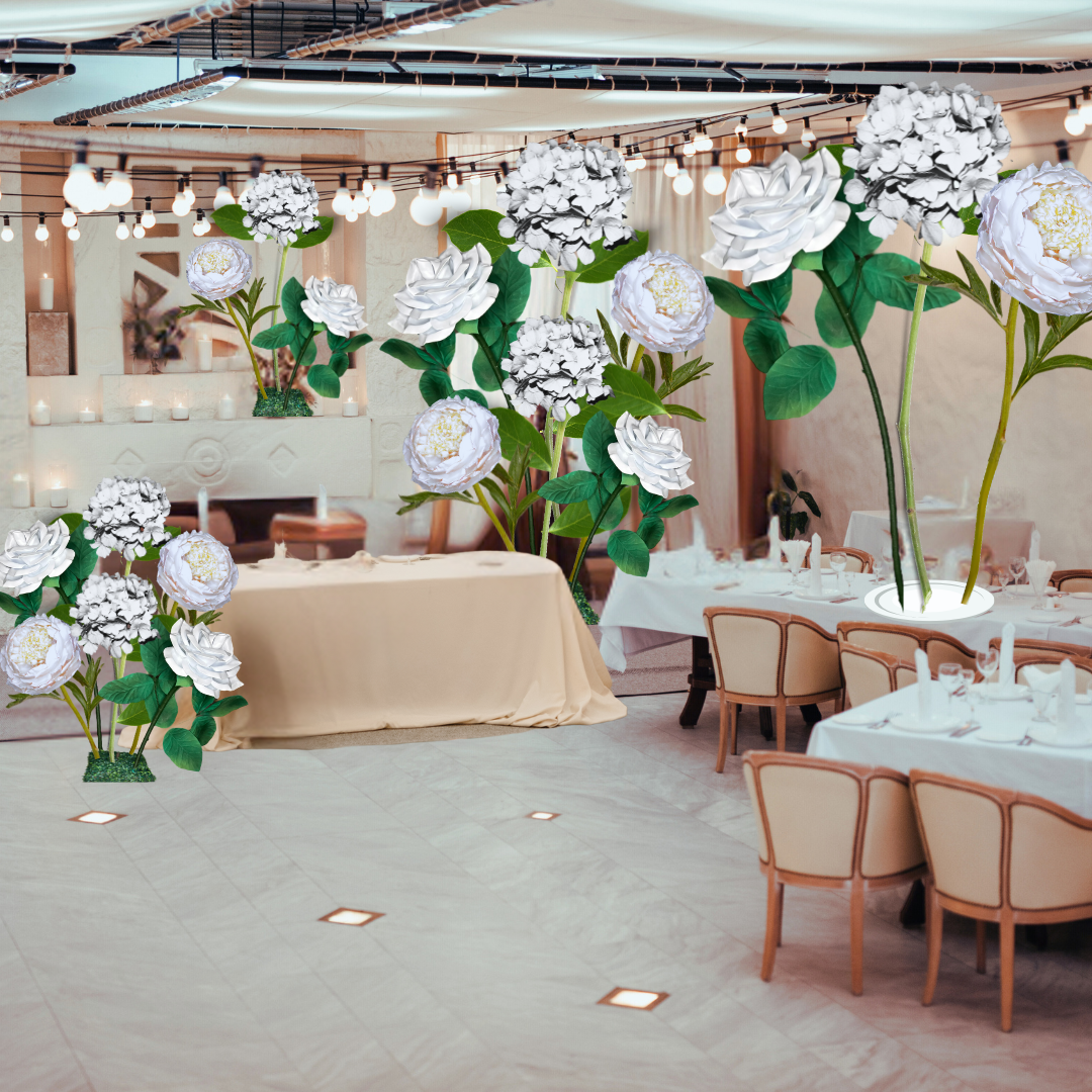 All-White Elegance Giant Flower Backdrop – Featuring White Hydrangeas, White Roses, and White Peonies