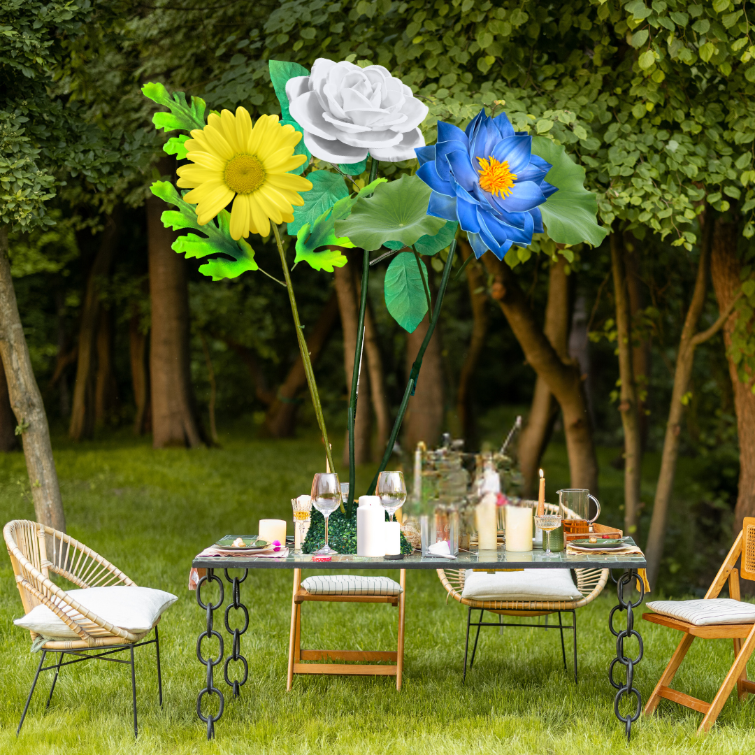 Peaceful Waters Tall Table Centerpiece – Blue Water Lily, White Rose, and Yellow Daisy, 16" Diameter Flowers