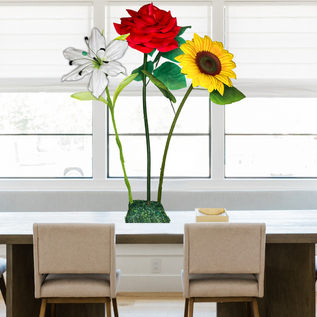 Gift of Grace Tall Table Centerpiece – White Lily, Yellow Sunflower, and Red Rose, 12 and 18"" Diameter Flowers