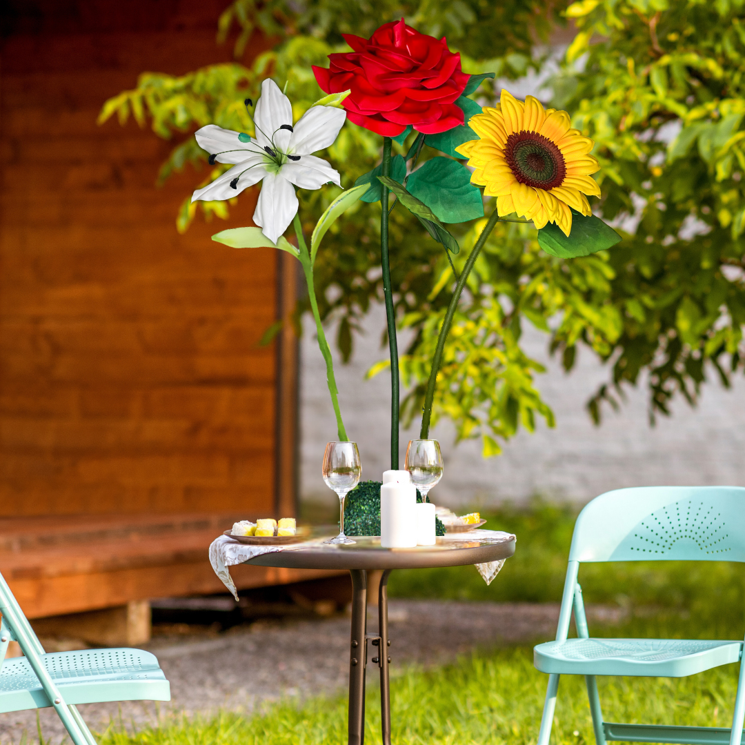 Gift of Grace Tall Table Centerpiece – White Lily, Yellow Sunflower, and Red Rose, 16" Diameter Flowers