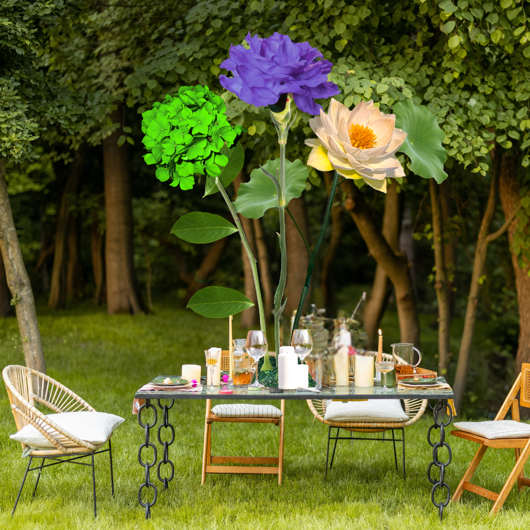 Welcome Home Tall Table Centerpiece – White Water Lily, Purple Carnation, and Lime Green Hydrangea, 12" and 18" Diameter Flowers