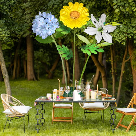 New Life Tall Table Centerpiece – Blue Hydrangea, White Lily, and Yellow Daisy, 18" and 12" Diameter Flowers