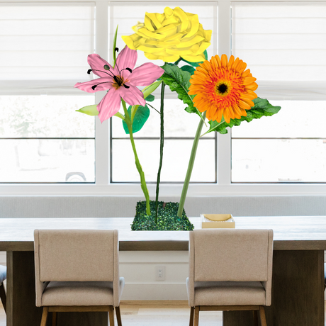 Joyful Praise Tall Table Centerpiece – Yellow Rose, Orange Gerbera, and Pink Lily, 16" Diameter Flowers