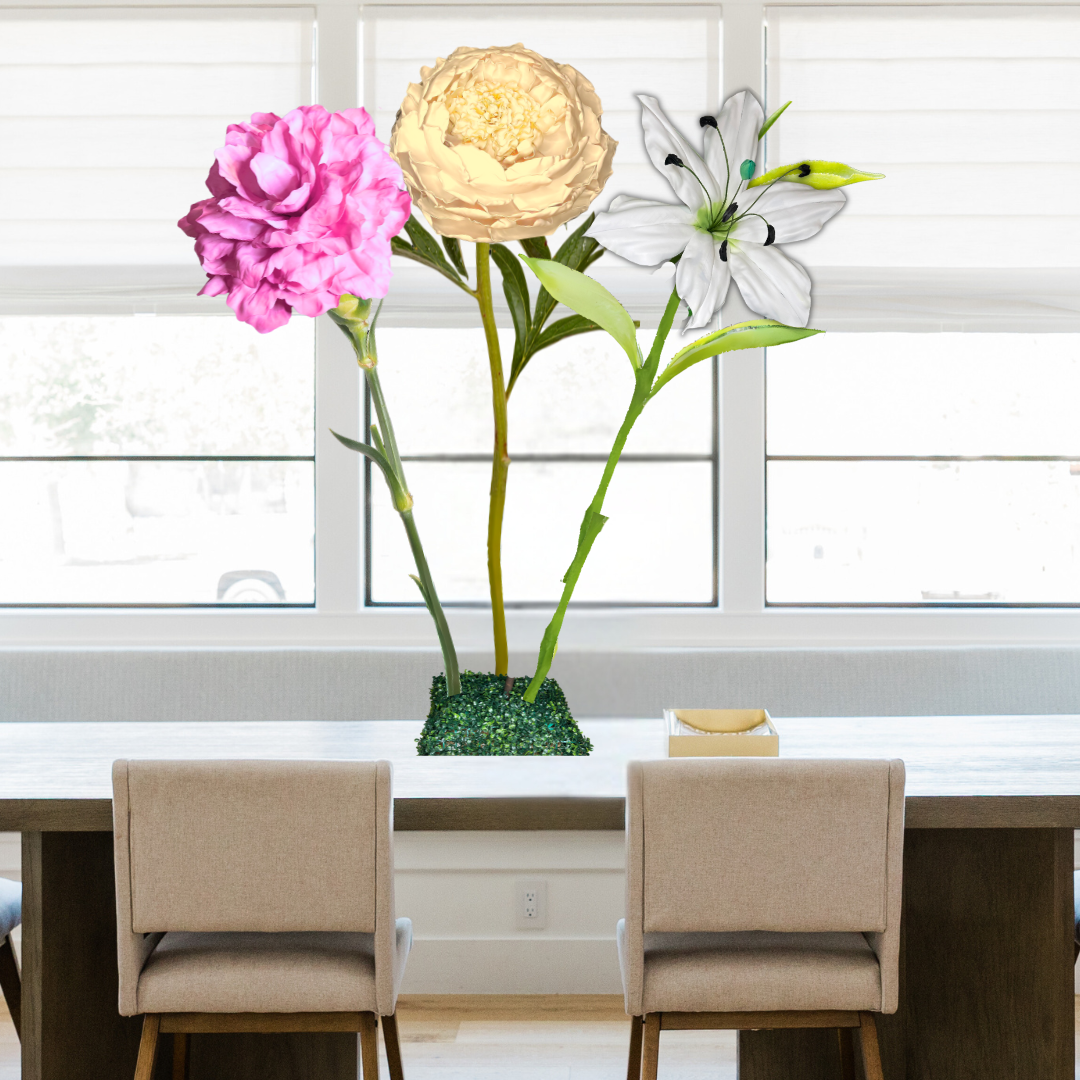 Bundle of Joy Tall Table Centerpiece – Yellow Peony, Pink Carnation, and White Lily, 18" and 12"Diameter Flowers