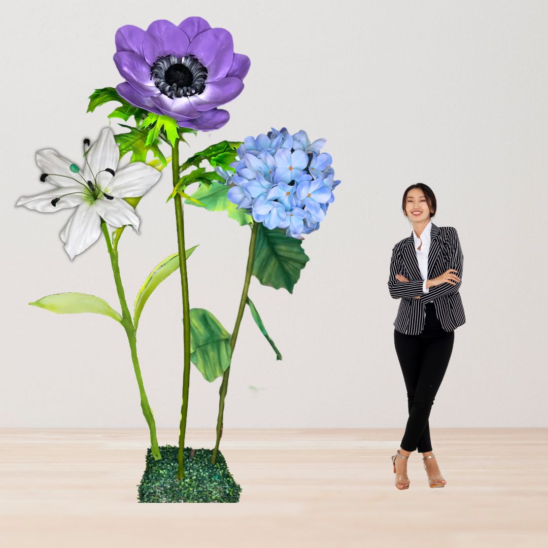 Restful Comfort Giant Flower Backdrop – Featuring White Lilies, Blue Hydrangeas, and Purple Anemones