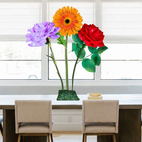 Everyday Blessings Tall Table Centerpiece – Orange Gerbera, Lilac Carnation, and Red Rose, 16" Diameter Flowers