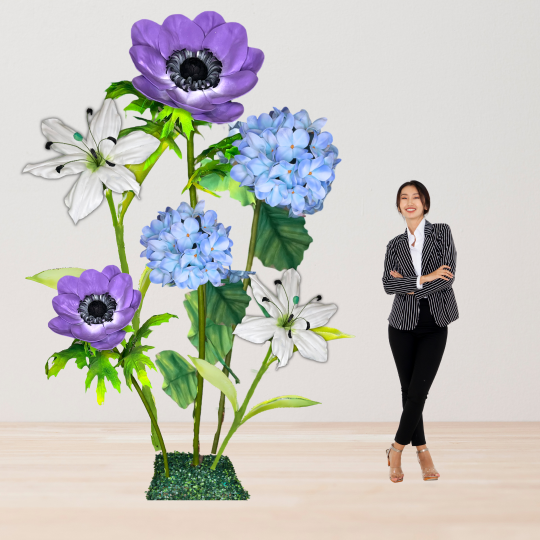 Restful Comfort Giant Flower Backdrop – Featuring White Lilies, Blue Hydrangeas, and Purple Anemones