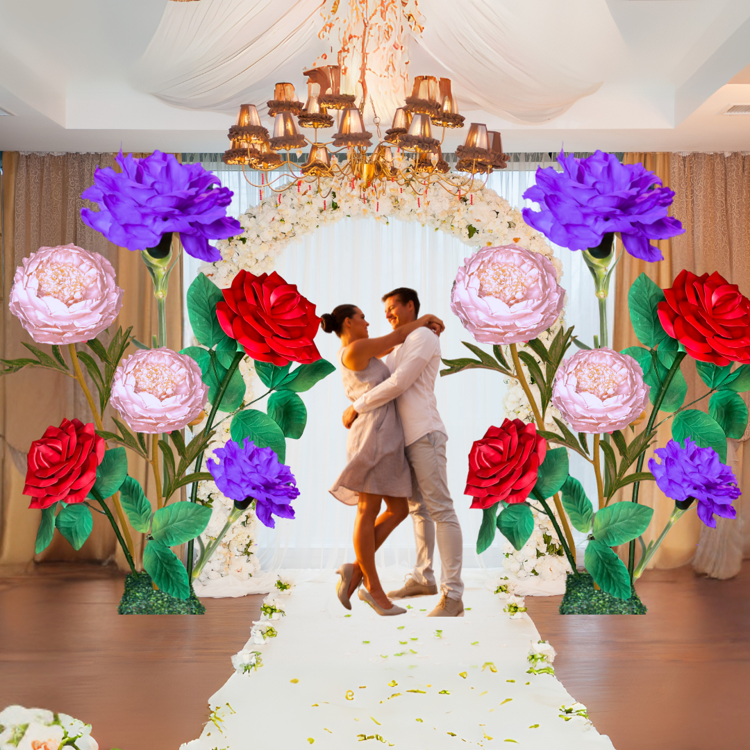 Hearts United Giant Flower Backdrop – Featuring Purple Carnations, Red Roses, and Pink Peonies