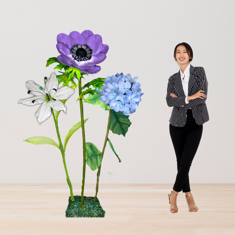 Restful Comfort Giant Flower Backdrop – Featuring White Lilies, Blue Hydrangeas, and Purple Anemones