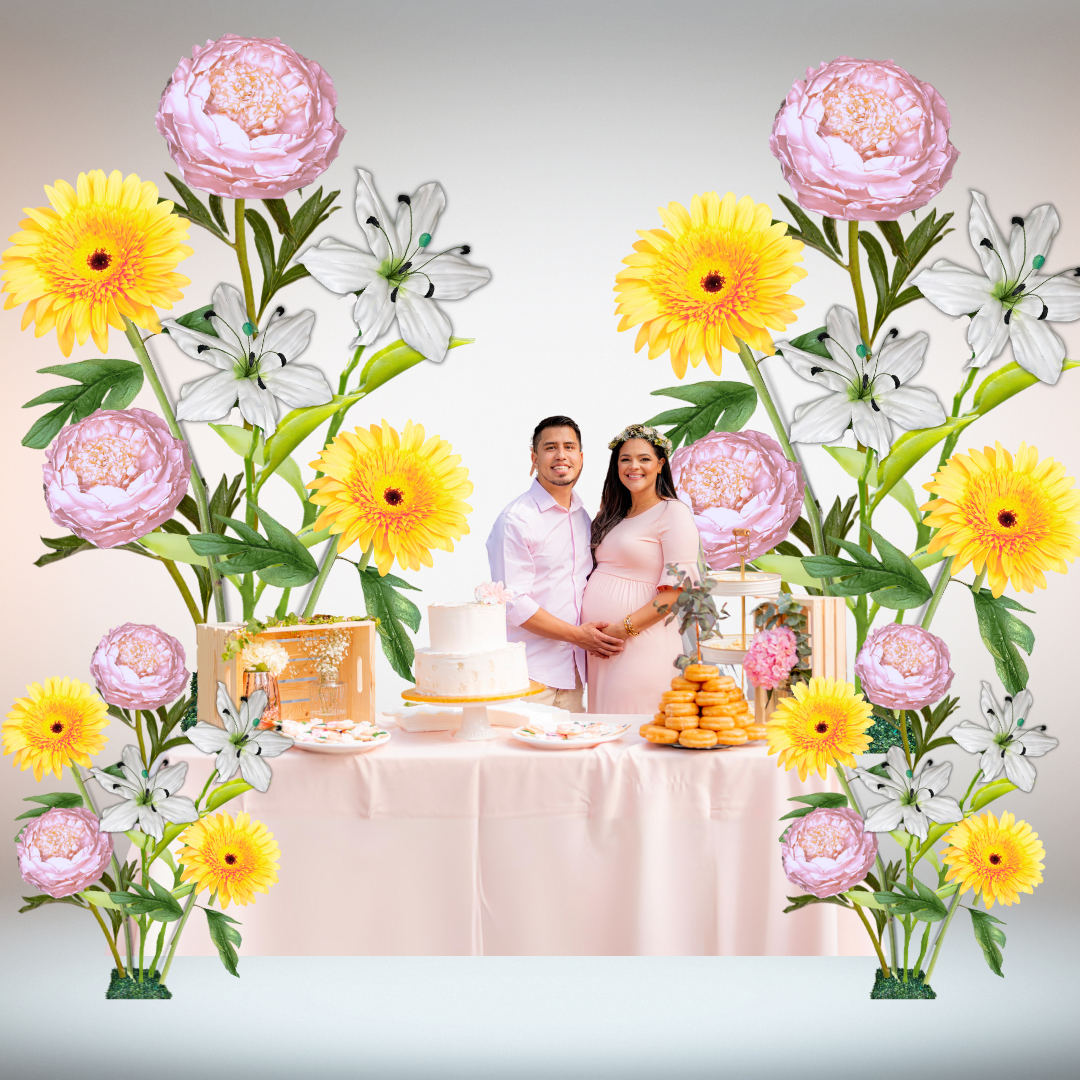 Baby’s First Light Giant Flower Backdrop – Featuring Pink Peonies, White Lilies, and Soft Yellow Gerberas