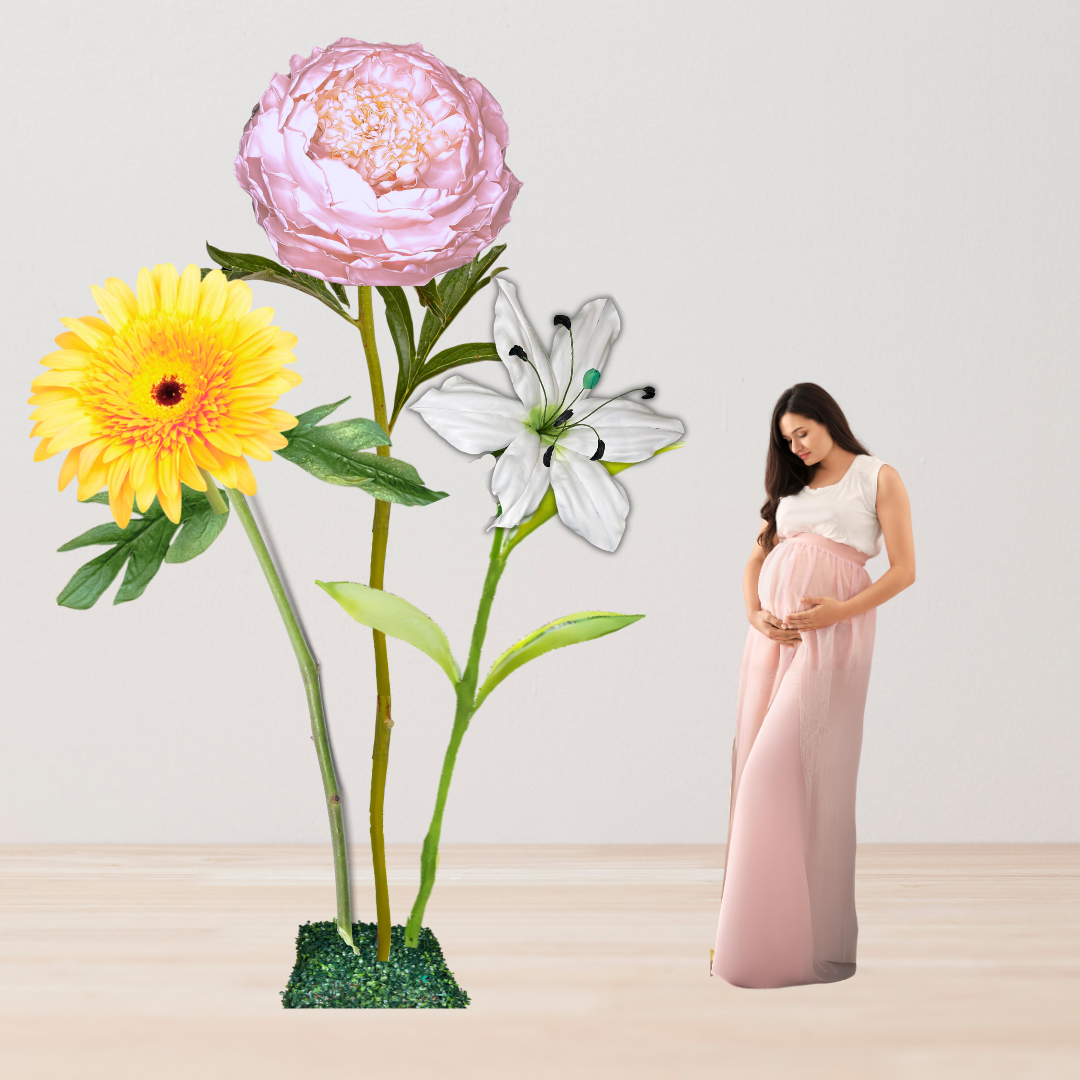 Baby’s First Light Giant Flower Backdrop – Featuring Pink Peonies, White Lilies, and Soft Yellow Gerberas