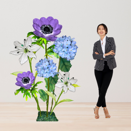 Restful Comfort Giant Flower Backdrop – Featuring White Lilies, Blue Hydrangeas, and Purple Anemones