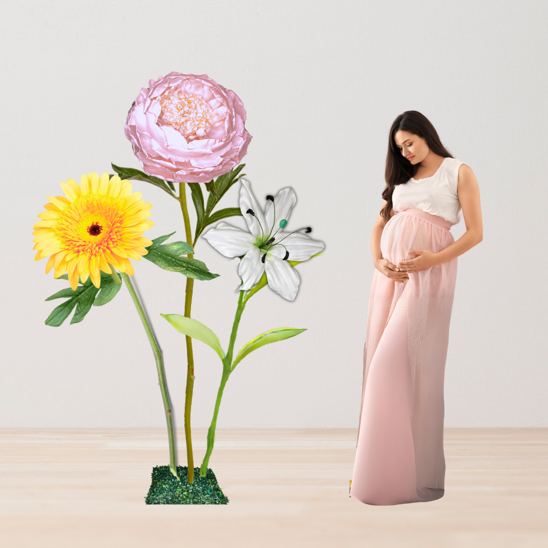 Baby’s First Light Giant Flower Backdrop – Featuring Pink Peonies, White Lilies, and Soft Yellow Gerberas