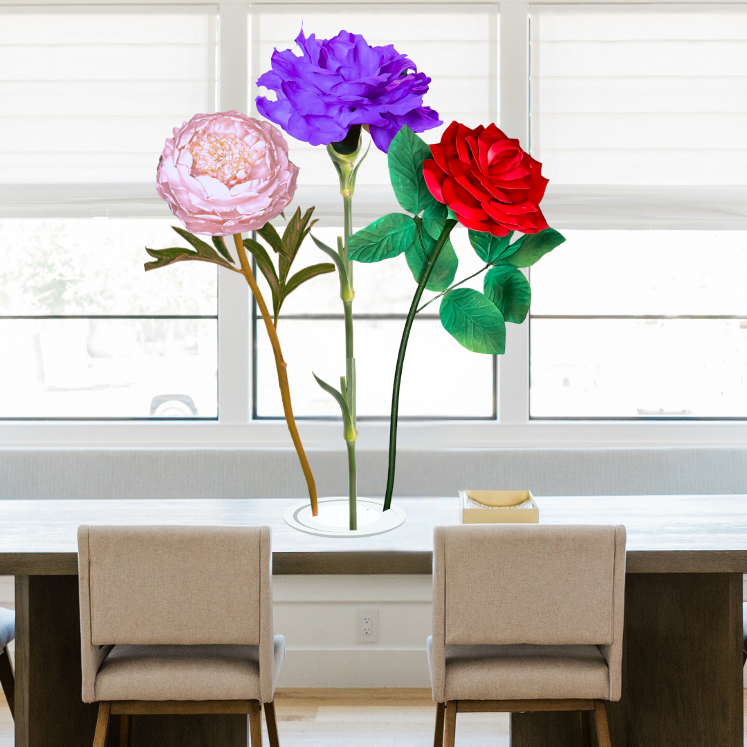 Hearts United Tall Table Centerpiece – Purple Carnation, Red Rose, and Pink Peony, 12 and 18"" Diameter Flowers