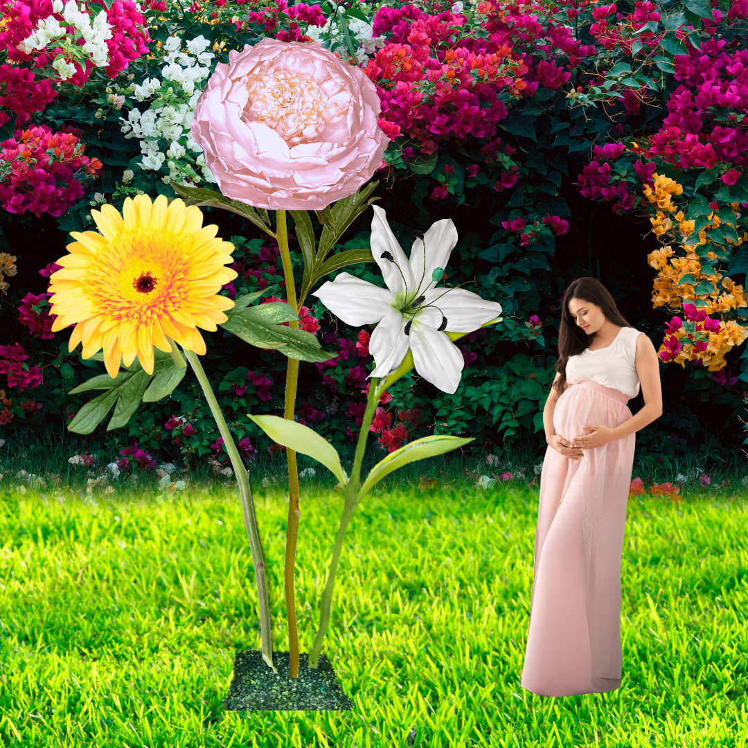 Baby’s First Light Giant Flower Backdrop – Featuring Pink Peonies, White Lilies, and Soft Yellow Gerberas