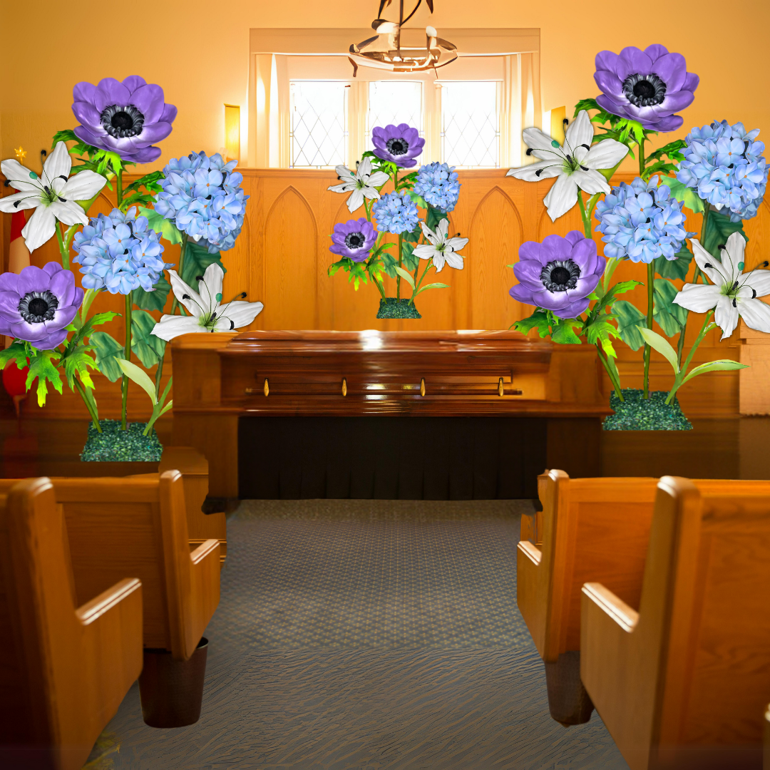 Restful Comfort Giant Flower Backdrop – Featuring White Lilies, Blue Hydrangeas, and Purple Anemones