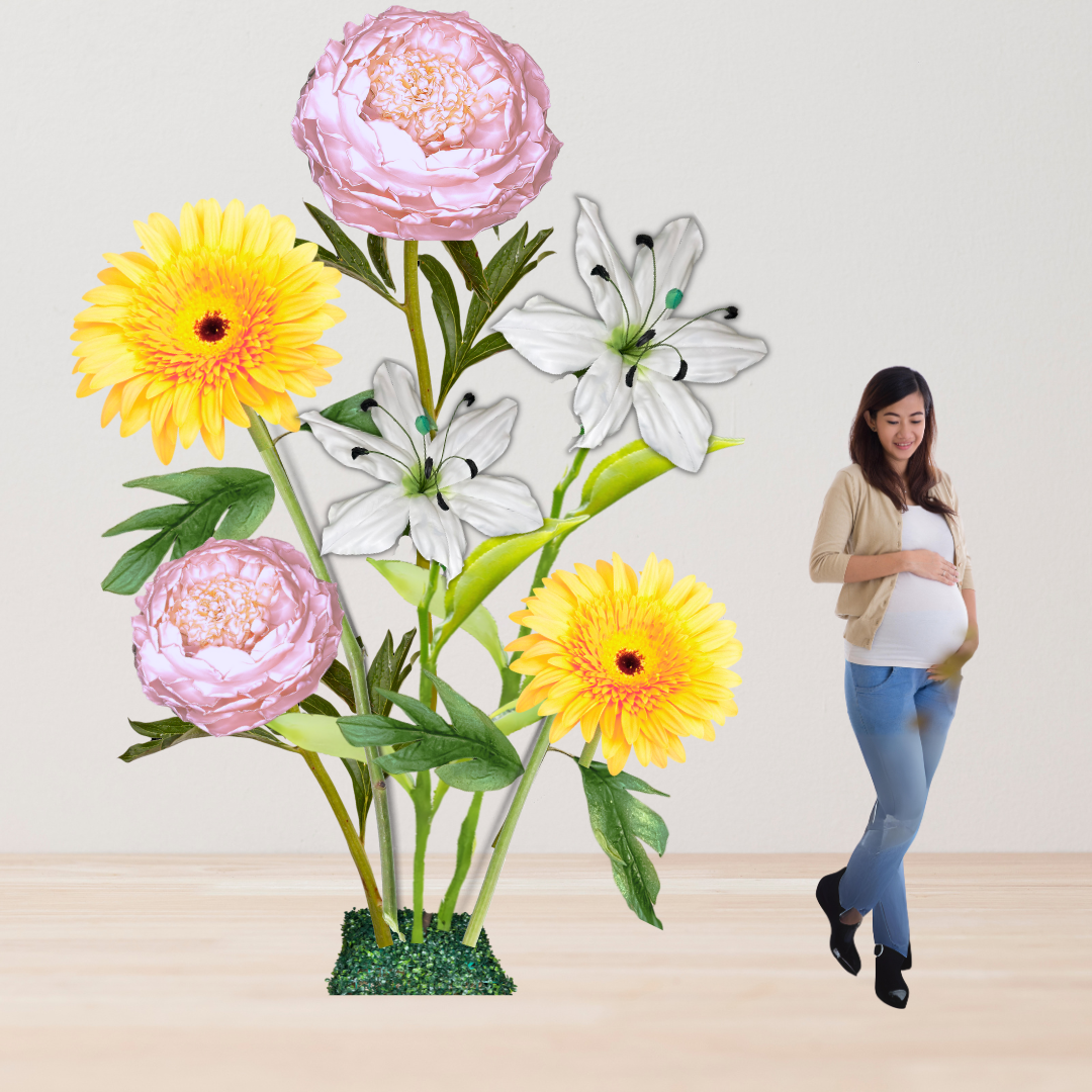 Baby’s First Light Giant Flower Backdrop – Featuring Pink Peonies, White Lilies, and Soft Yellow Gerberas