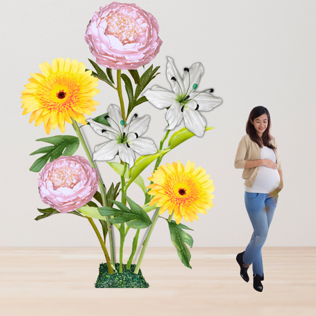 Baby’s First Light Giant Flower Backdrop – Featuring Pink Peonies, White Lilies, and Soft Yellow Gerberas