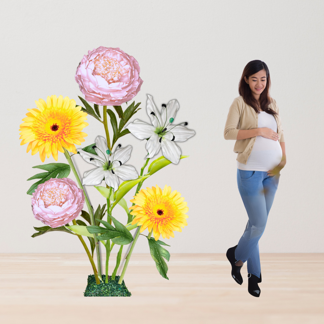 Baby’s First Light Giant Flower Backdrop – Featuring Pink Peonies, White Lilies, and Soft Yellow Gerberas