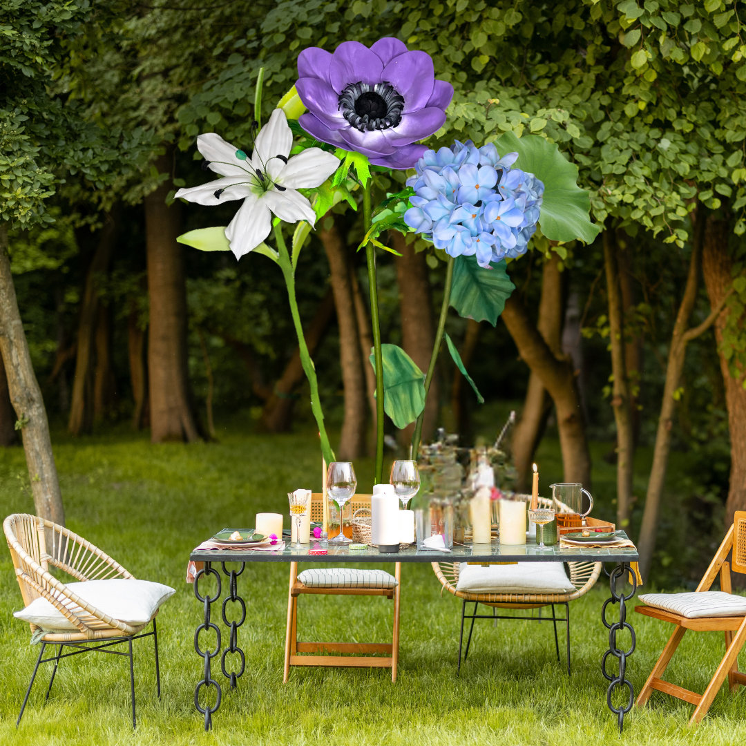 Restful Comfort Tall Table Centerpiece – White Lily, Blue Hydrangea, and Purple Anemone, 16" Diameter Flowers