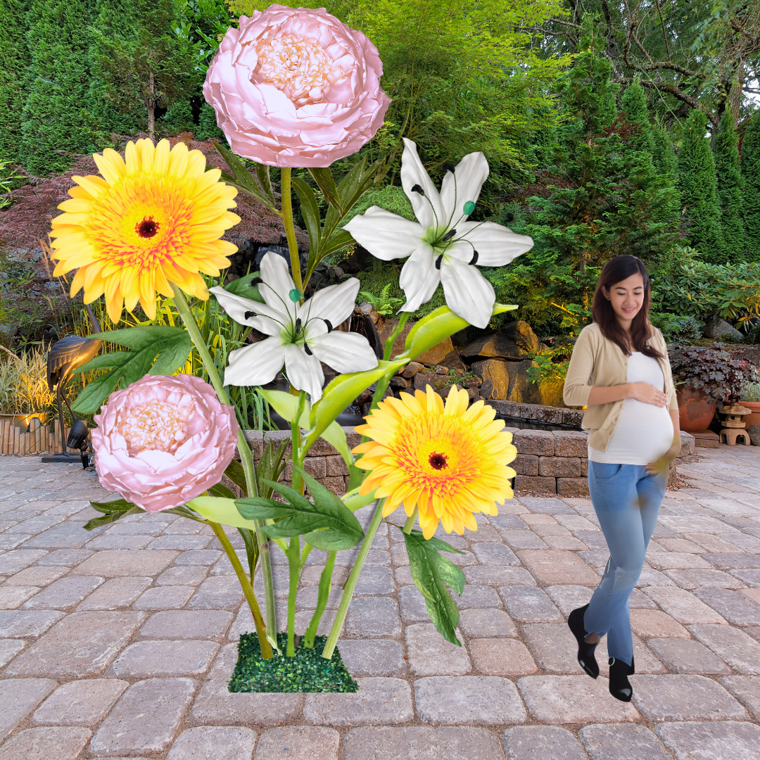 Baby’s First Light Giant Flower Backdrop – Featuring Pink Peonies, White Lilies, and Soft Yellow Gerberas