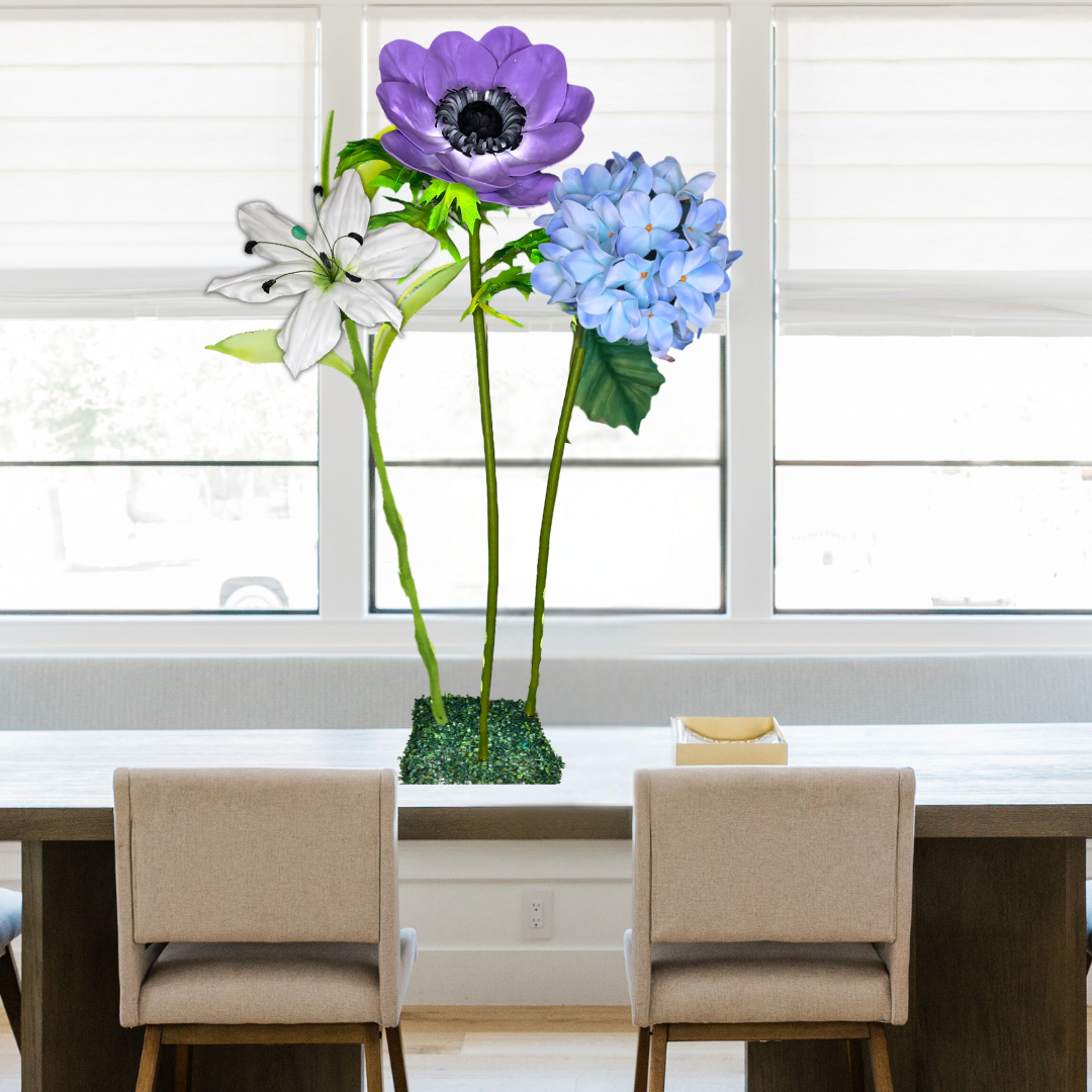 Restful Comfort Tall Table Centerpiece – White Lily, Blue Hydrangea, and Purple Anemone, 16" Diameter Flowers