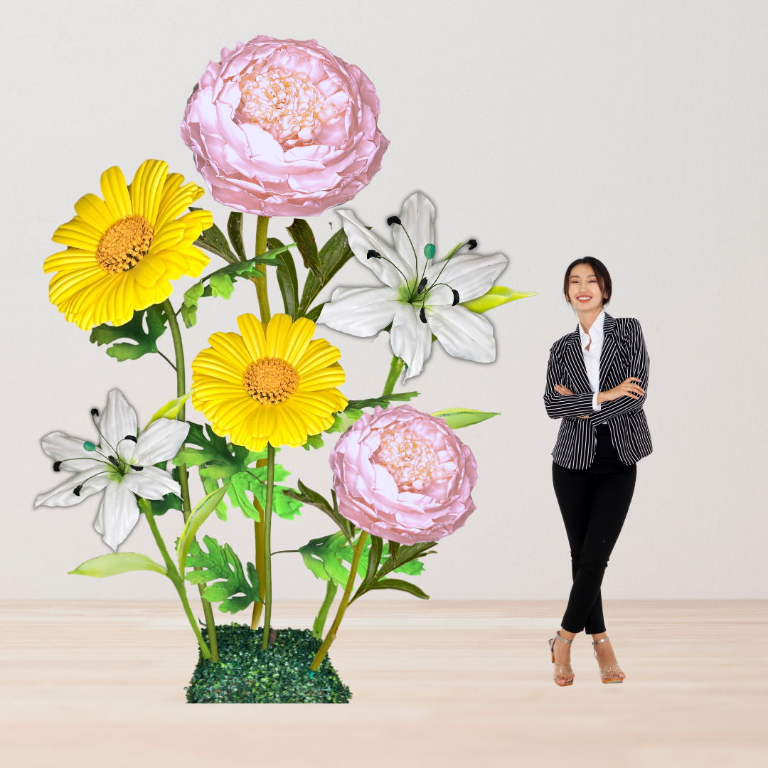 Heaven’s Peace Giant Flower Backdrop – Featuring White Lilies, Pale Pink Peonies, and Soft Yellow Daisies