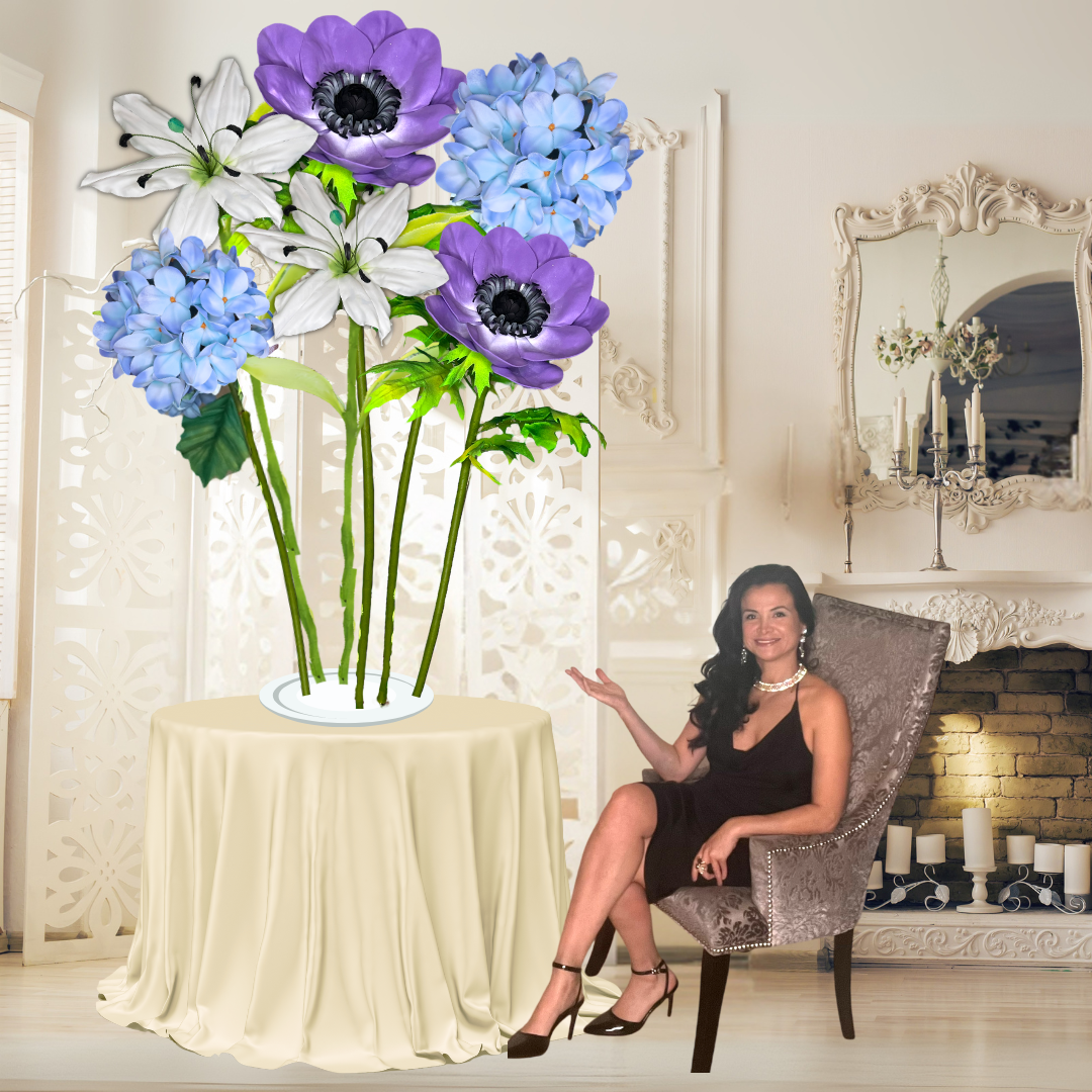 Restful Comfort Tall Table Centerpiece – White Lily, Blue Hydrangea, and Purple Anemone, 12" and 18" Diameter Flowers